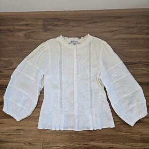 Gallery White Linen Lace-Trim Balloon-Sleeve Blouse